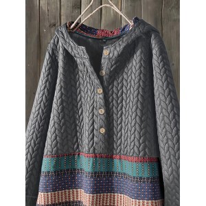 Tribal Print Long Sleeve Hooded Padded Jacket, Casual Button Front Loose Hem Outerwear, Women's Clothing