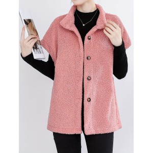 Button Front Teddy Vest, Casual Short Sleeve Solid Versatile Vest, Women's Clothing