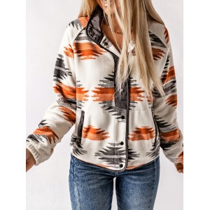 Aztec Print Button Front Jacket, Boho Long Sleeve Outerwear, Women's Clothing