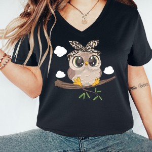 Cute Owl Print V Neck T-Shirt, Casual Short Sleeve T-Shirt For Spring & Summer, Women's Clothing