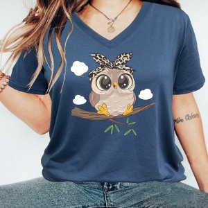 Cute Owl Print V Neck T-Shirt, Casual Short Sleeve T-Shirt For Spring & Summer, Women's Clothing