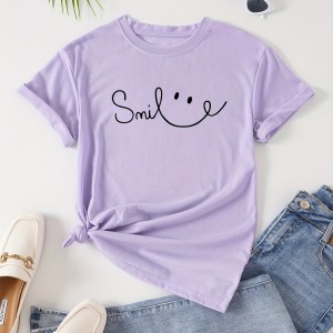 Letter Print Crew Neck T-Shirt, Casual Short Sleeve Top For Spring & Summer, Women's Clothing