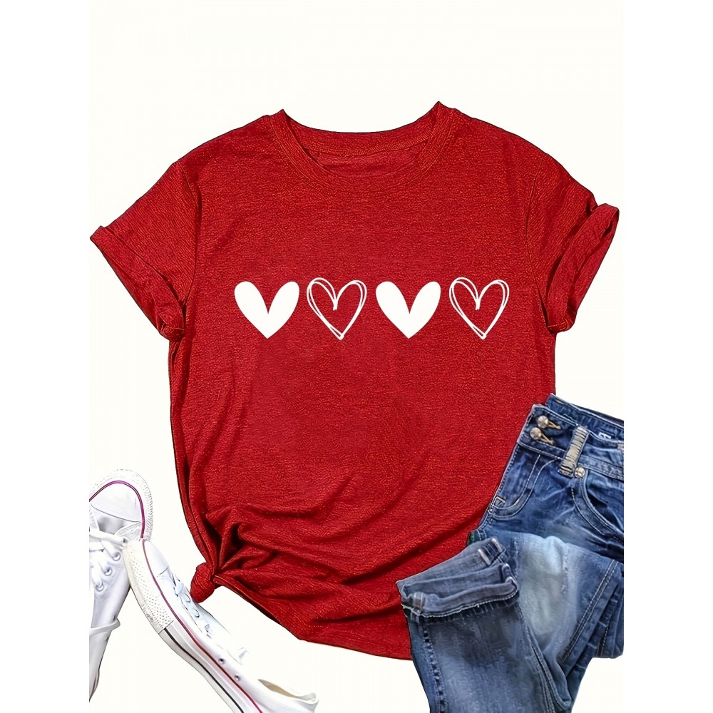 Heart Print Crew Neck T-Shirt, Cute Short Sleeve T-Shirt For Spring & Summer, Women's Clothing