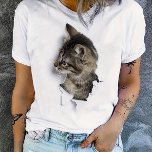 Cute Cat Print T-Shirt, Crew Neck Short Sleeve T-Shirt, Casual Every Day Tops, Women's Clothing