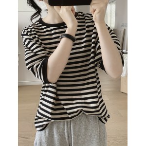 Crew Neck Striped T-Shirt, Random Print Casual Top For Summer & Spring, Women's Clothing