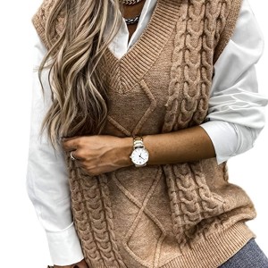 Cable V-Neck Sweater Vests, Casual Loose Sleeveless Fall Winter Knit Sweater Vest, Women's Clothing