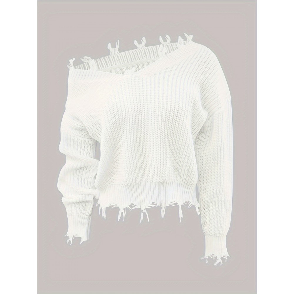 Solid Slant Shoulder Pullover Sweater, Distressed Ripped Raw Hem Long Sleeve Sweater, Women's Clothing