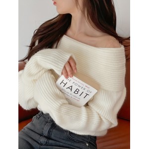 Solid Off Shoulder Pullover Sweater, Casual Long Sleeve Fashion Sweater, Women's Clothing