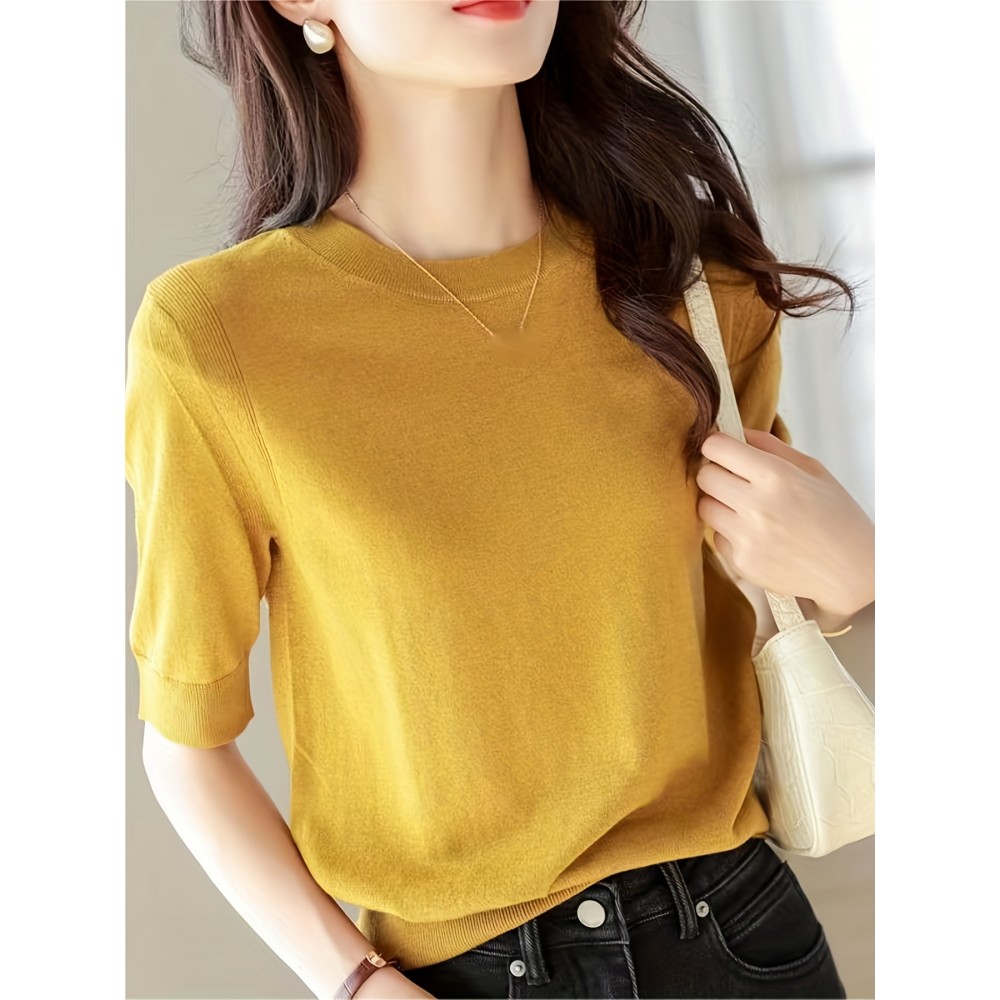 Half Sleeve Knit Swearter, Casual Crew Neck Solid Sweater For Spring & Summer, Women's Clothing
