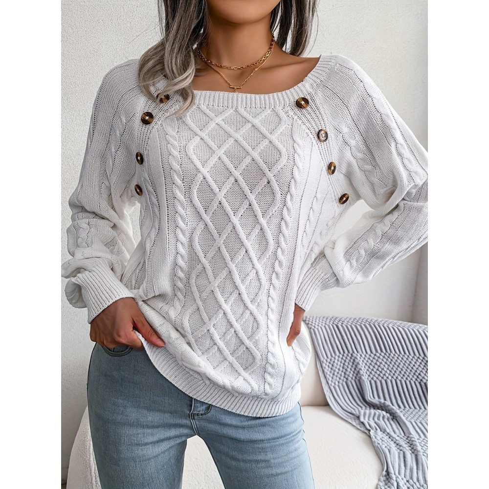 Solid Cable Knit Sweater, Casual Crew Neck Long Sleeve Sweater, Women's Clothing