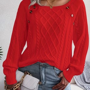 Solid Cable Knit Sweater, Casual Crew Neck Long Sleeve Sweater, Women's Clothing