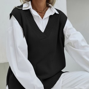 Solid V Neck Knitted Vest, Casual Sleeveless Dipped Hem Split Sweater, Women's Clothing