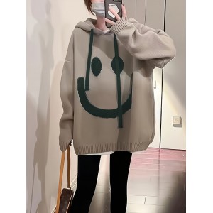 Smile Face Pattern Hooded Knitted Sweater, Casual Drawstring Long Sleeve Oversized Sweater, Women's Clothing