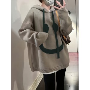 Smile Face Pattern Hooded Knitted Sweater, Casual Drawstring Long Sleeve Oversized Sweater, Women's Clothing