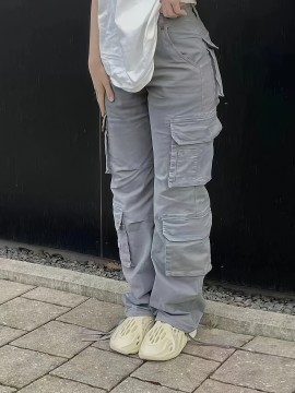 Plain Flap Pockets Cargo Pants, Loose Fit Y2K & Kpop Style Straight Jeans, Women's Denim Jeans & Clothing