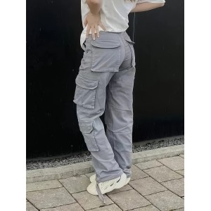 Plain Flap Pockets Cargo Pants, Loose Fit Y2K & Kpop Style Straight Jeans, Women's Denim Jeans & Clothing