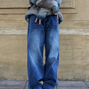 Plain Wide Legs Straight Jeans, Loose Fit Slash Pockets High-Stretch Denim Pants, Women's Denim Jeans & Clothing