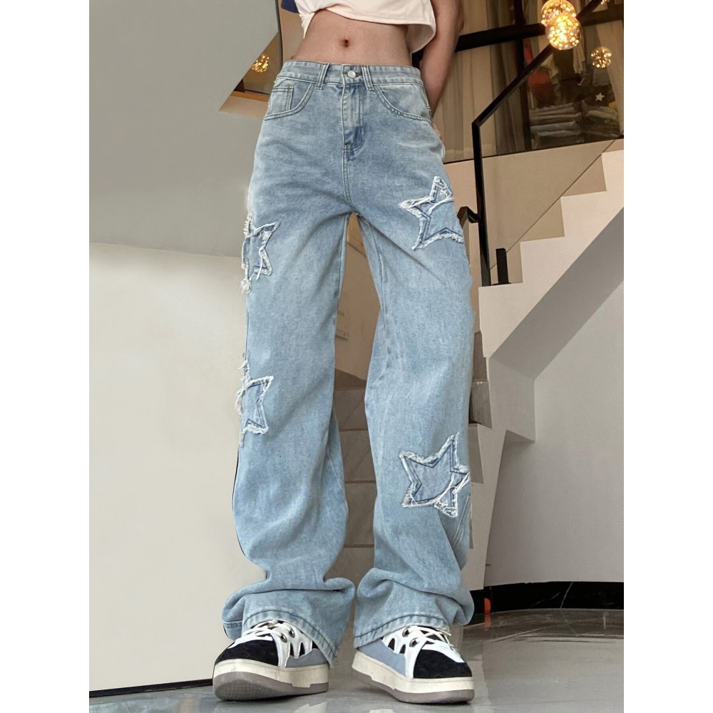 Blue Star Shape Patchwork Straight Jeans, Loose Fit Slant Pockets Non-Stretch Denim Pants, Women's Denim Jeans & Clothing