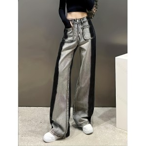 Contrast Color Casual Baggy Jeans, Loose Fit Non-Stretch Washed Wide Legs Jeans, Women's Denim Jeans & Clothing