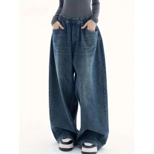 Elastic Waist Wide Leg Jeans, Slant Pocket Loose Streetwear Y2k Baggy Denim Pants, Women's Denim Jeans & Clothing