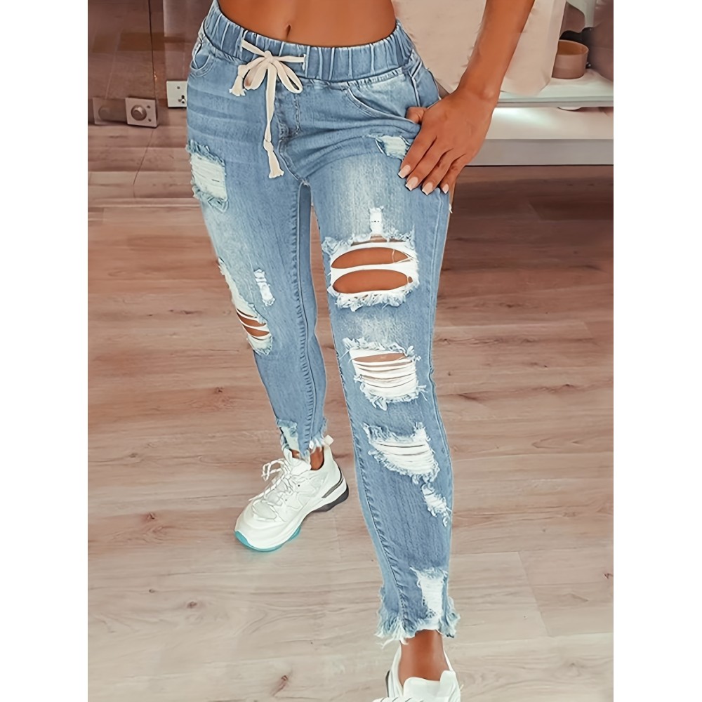 Plain Ripped Holes Skinny Jeans, Slim Fit Frayed Hem Drawstring Elastic Waist Denim Pants, Women's Denim Jeans & Clothing